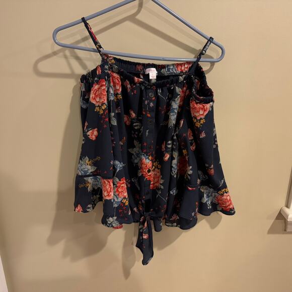 Xhilaration Navy Floral Off the Shoulder Top Size Large - Picture 2 of 9